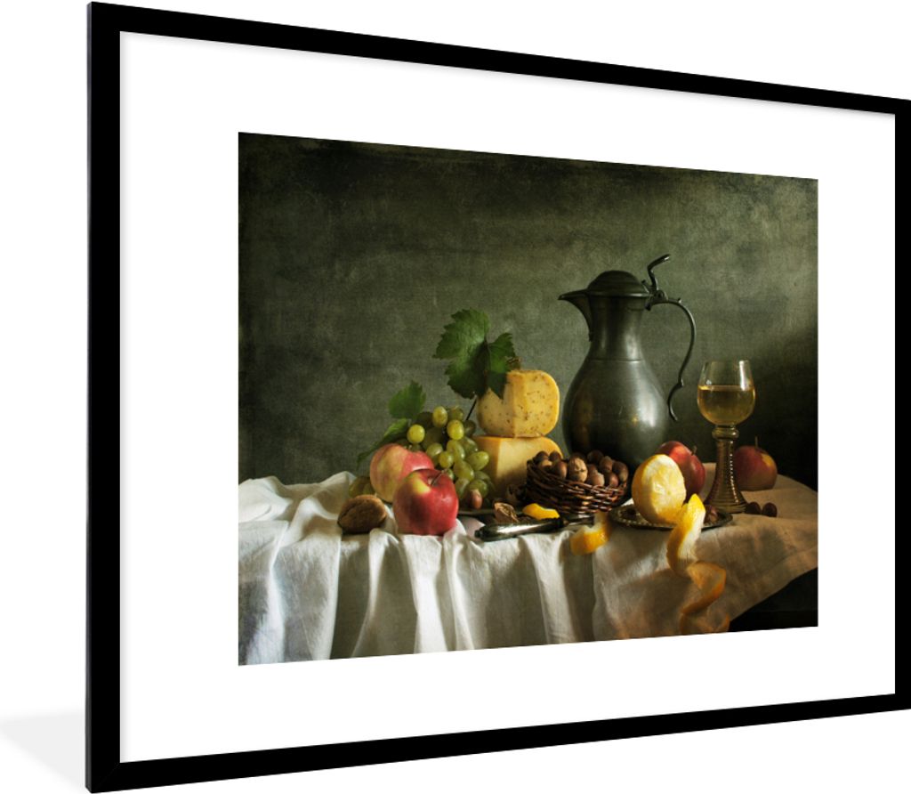 MuchoWow Gerahmtes Poster Rustikal - Käse - Teekanne - Obst - Stilleben 80x60 cm - Poster mit Schwarzem Bilderrahmen Wandposter Rahmen Foto Bild...