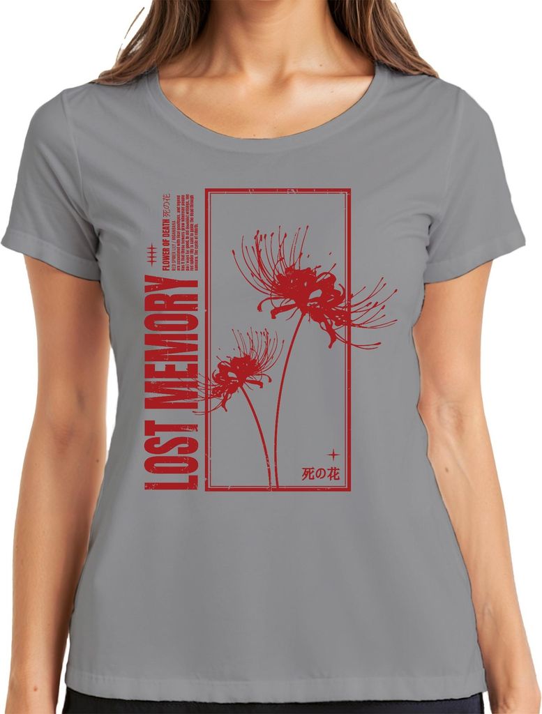 LOST MEMORY Spinnenlilie Higanbana Lycoris Japanisch Gothic Damen T-Shirt, Grau, M