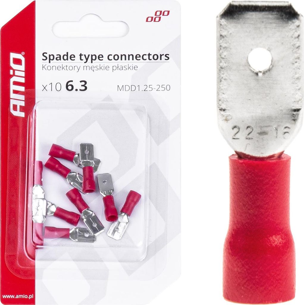 Isolierte Flachstecker 6.3mm 0.5-1.5mm² 10A Rot 10er Set AMIO-03066