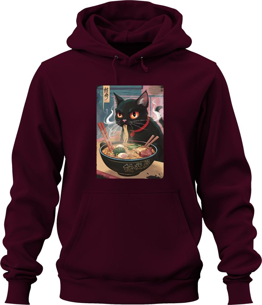 Schwarze Katze Ramen Nudelsuppe Japanisch Kawaii Anime Neko Chibi Uni Hoodie Kapuzenpullover, Burgundy, S