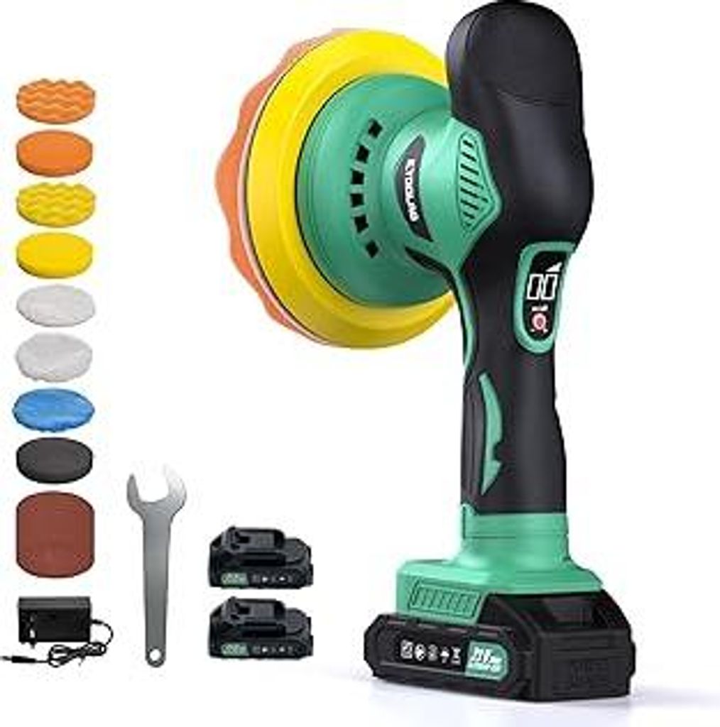 ETOOLAB Poliermaschine Auto Akku, Poliermaschine Auto Set 22 pcs, Exzenter poliermaschinen mit 2 * 2.0Ah 21V Batterie, 8 variable Geschwindigkeit, ...