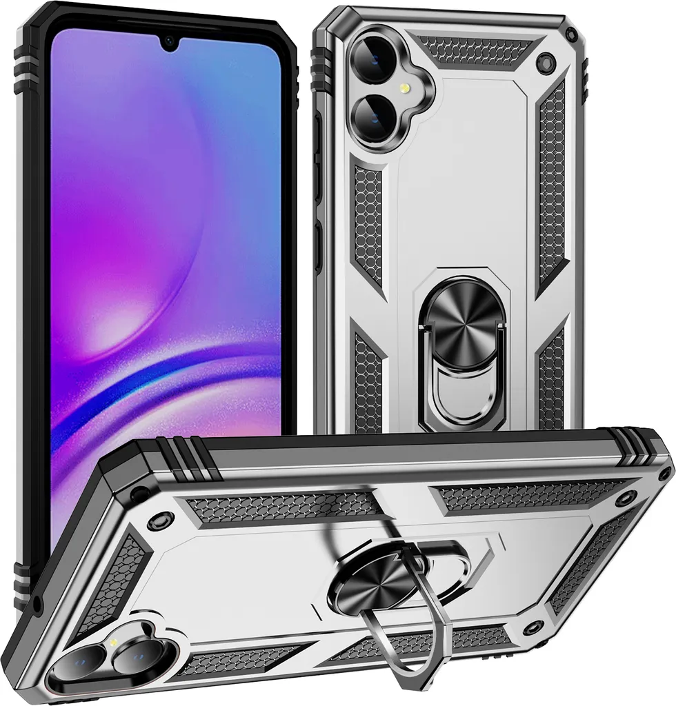 Custodia Samsung A05 Argento: Protezione Militare con Anello e Stand