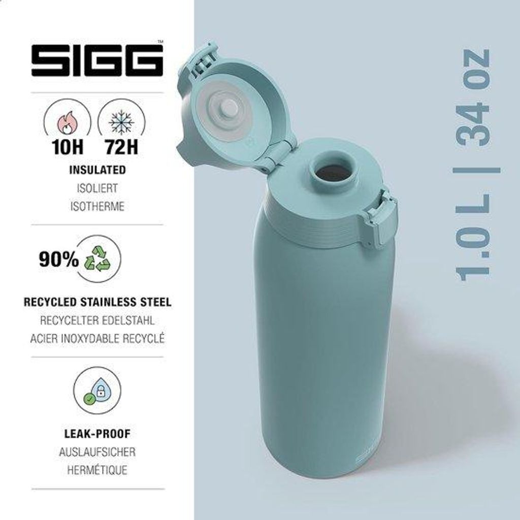 Isolierter Trinkflasche Morgenblau 90% recycelt Edelstahl 1L - Geeignet für sauerstoffhaltige Getränke - Lückenlos - Geschirrspülerfest