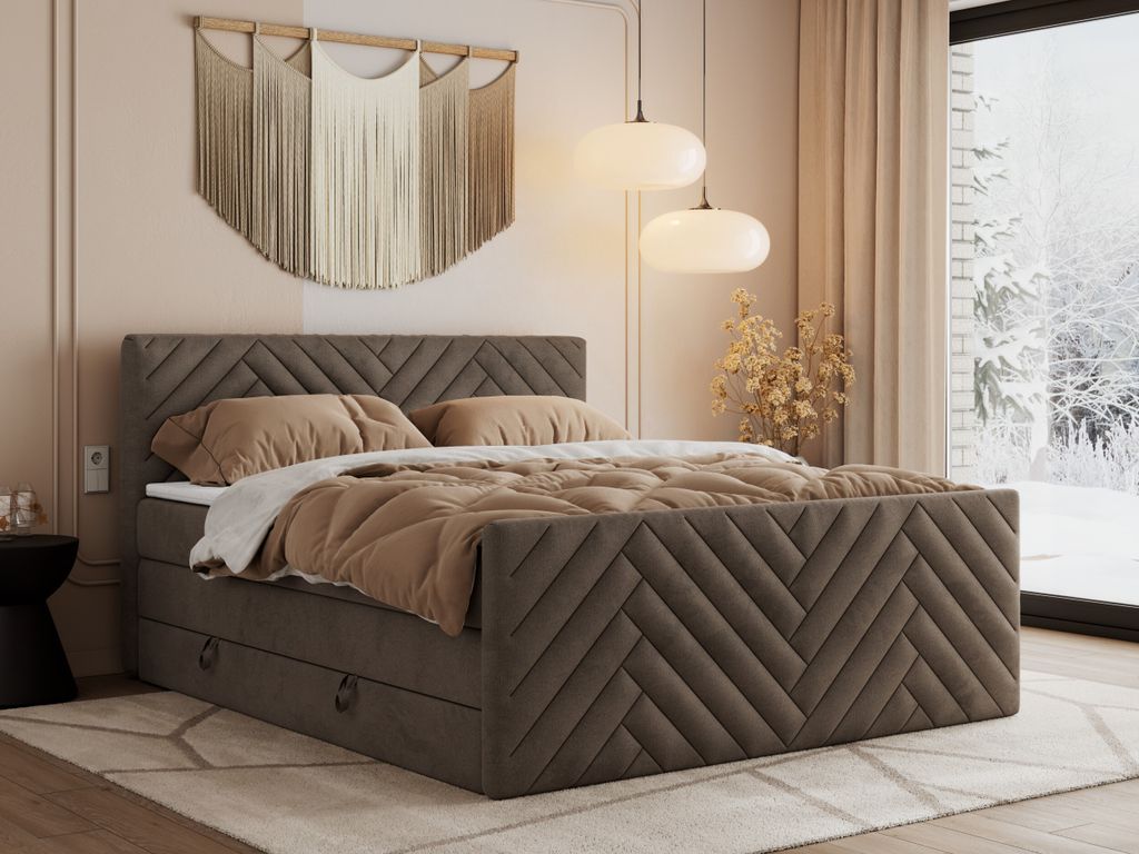 MKS MEBLE Boxspringbett 140x200 mit Bettkasten Matratze H4 - Paris King Duo - Braun Velvet