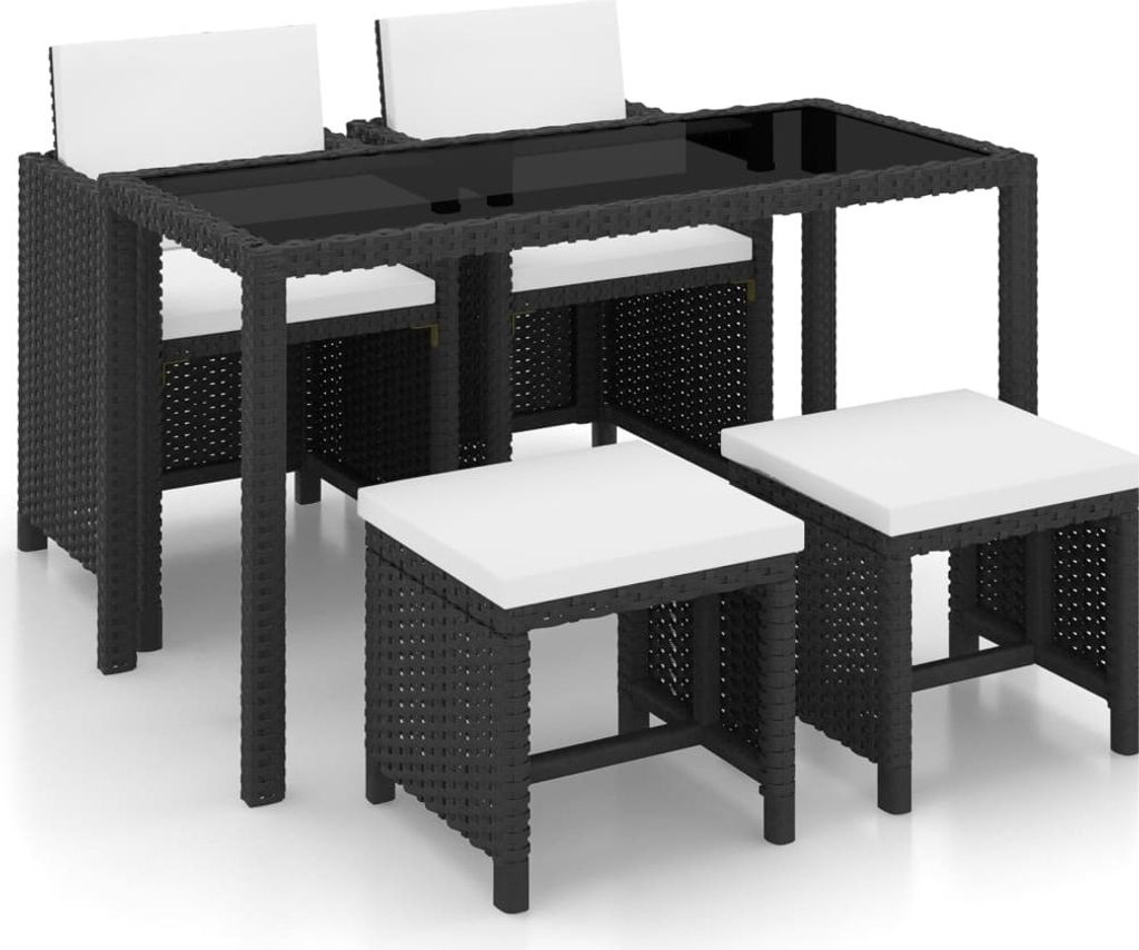 The Living Store 5-tlg. Garten-Essgruppe mit Auflagen Poly Rattan Schwarz