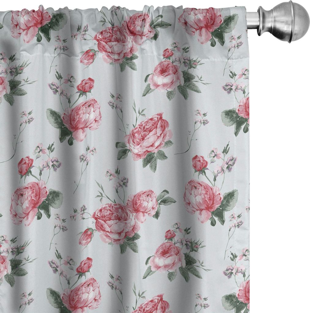 ABAKUHAUS Shabby Flora Vorhänge, Gardinen, Romantischer Frühlings-Sommer blüht Garten-Rosen mit Blatt-Grafik, 2 Stück 75 x 225 cm, Mandelgrün ...