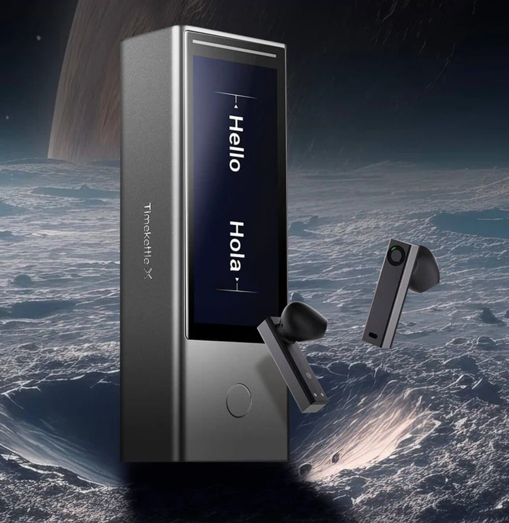 A black TimeKettle X1 translator device is shown in a futuristic, moon-like environment with two earbuds floating nearby.
