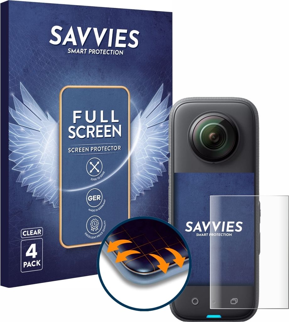 4x Savvies Fullscreen Schutzfolie für Insta360 X3 Displayschutz Folie Fullcover Klar Transparent