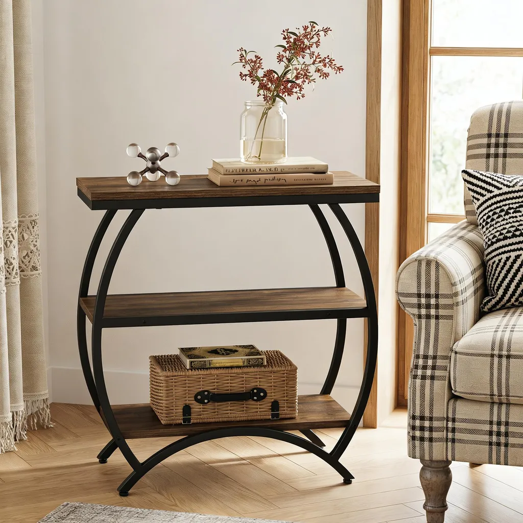 Table de chevet industrielle en métal et bois avec triple plateau