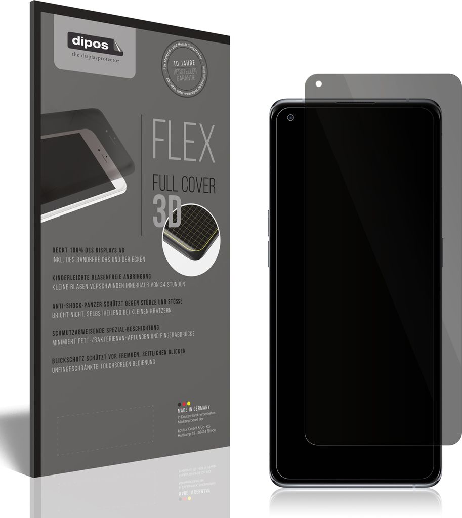 A product packaging for a screen protector is shown next to a smartphone with the screen protector applied.