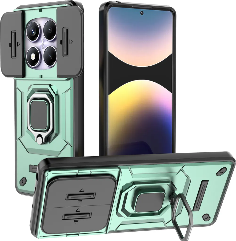 Custodia per Xiaomi Redmi Note 14 Pro 4G a doppio strato con protezione scorrevole della fotocamera e supporto ad anello, verde stand