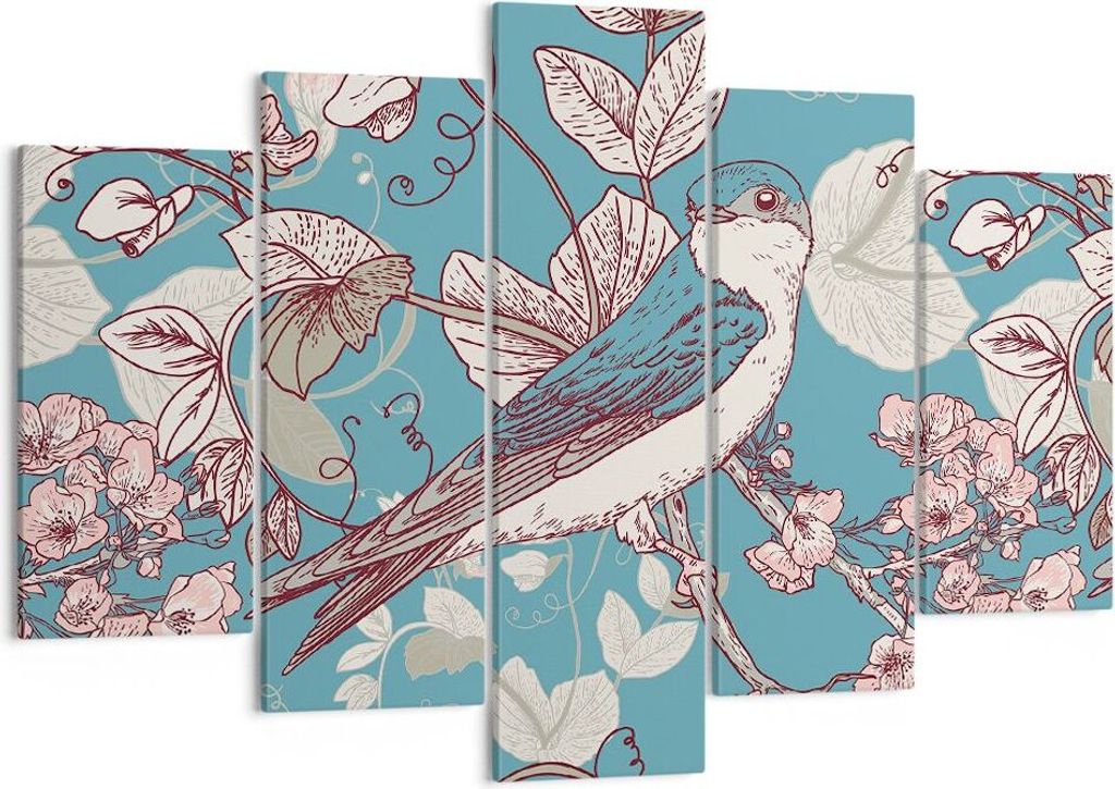 Bild auf Leinwand - Leinwandbild - Vogel Baum modern - 150x100cm - Wand Bild - Wanddeko - Leinwanddruck - Bilder - Kunstdruck - Wanddekoration - Le...