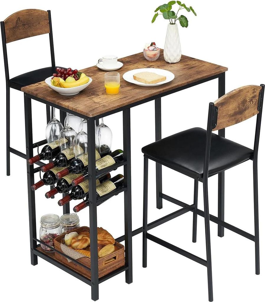 Bartisch-Set - Dreiteilig - Tisch mit Ablagefach - Zwei gepolsterte Stühle mit Fußstützen - Metallgestell - Holz-Tischplatte - Braun