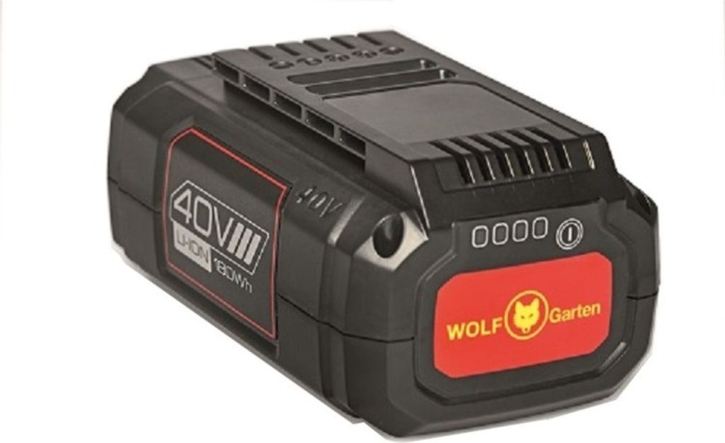 A black WOLF-Garten battery pack with red and yellow accents, shown against a white background.