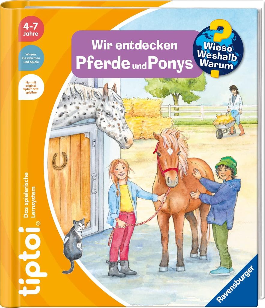 The image shows the cover of a children's book about horses and ponies, with illustrations of children, horses, and a barn setting.