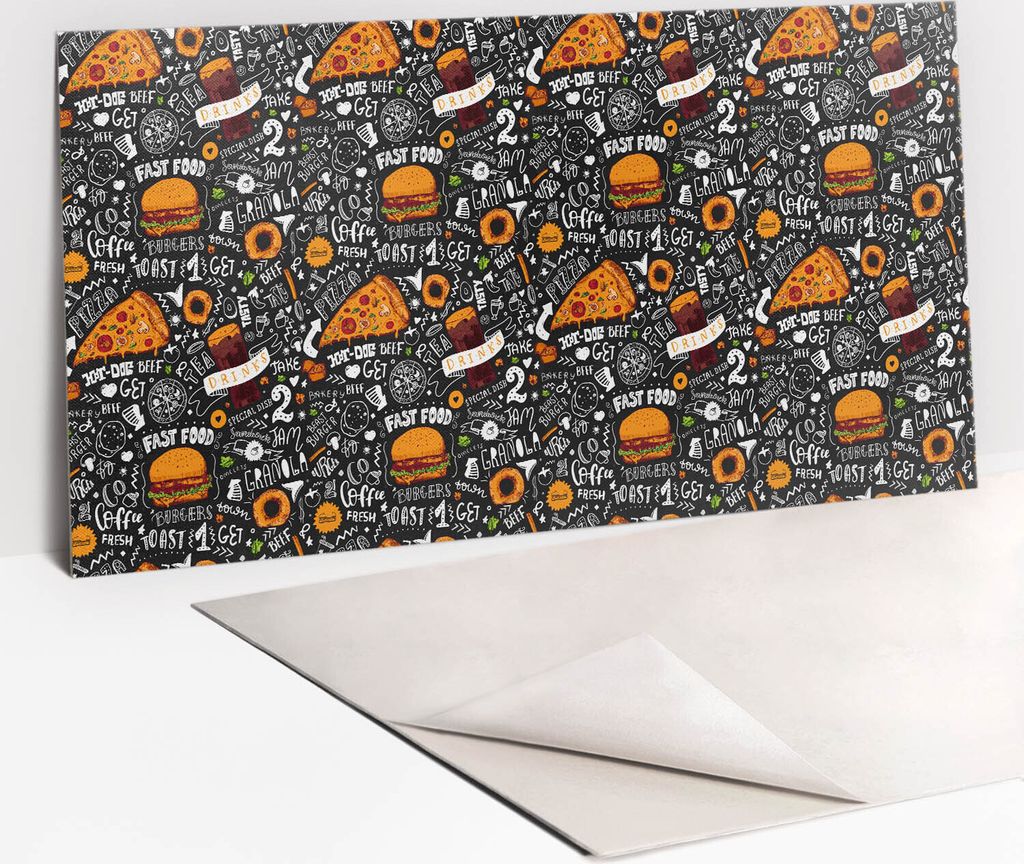 PVC-Wandschutz für die Küche - Stilvoller Schutz für Ihre Wände 100 x 50 Fast -Food -Zeichnen von Lebensmitteln