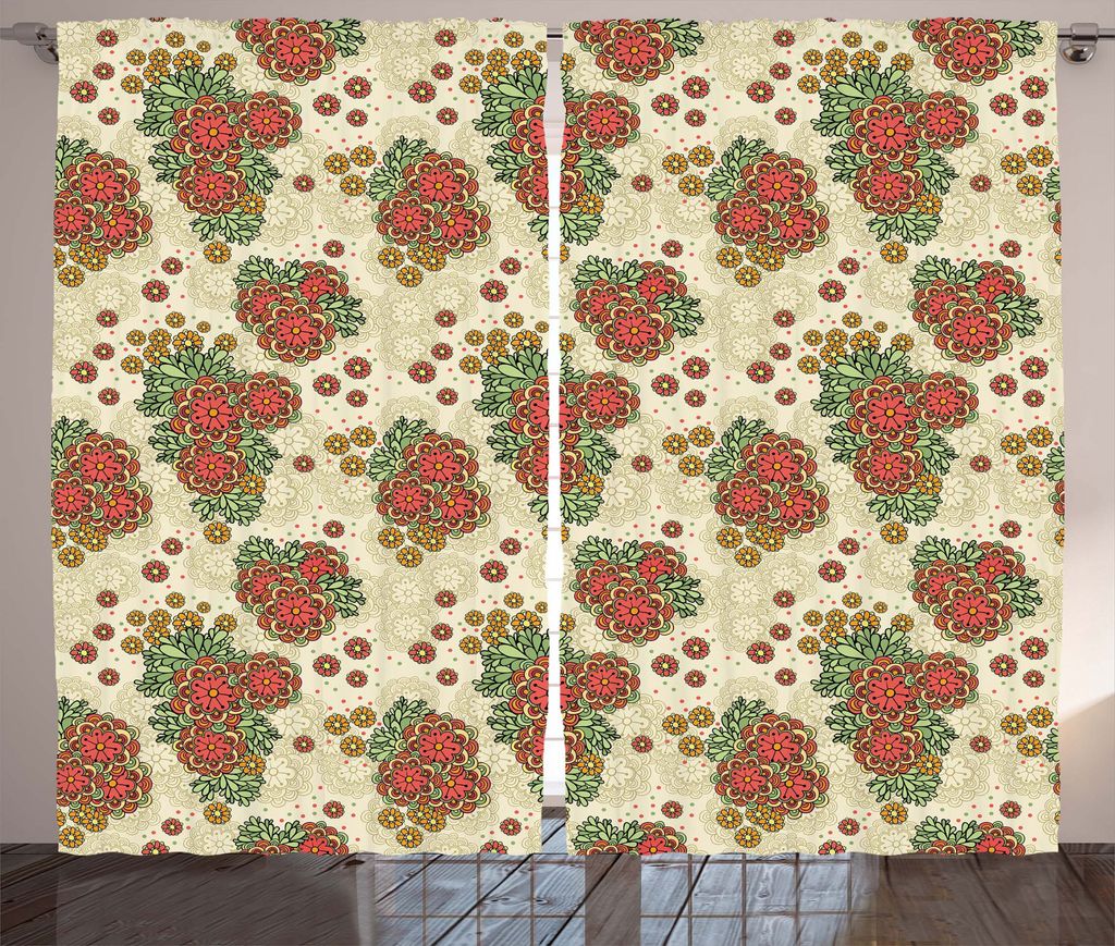 ABAKUHAUS Orange Rustikaler Vorhang, Blumen im Herbst-Thema, Wohnzimmer Universalband Gardinen mit Schlaufen und Haken, 280 x 175 cm, Orange und Ol...