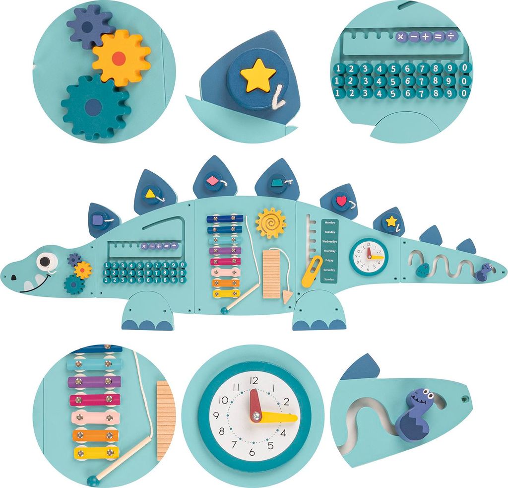 KiddyMoon Busy Board Montessori Motorikbrett Kinder Holz Dinosaurierform Lernspiel