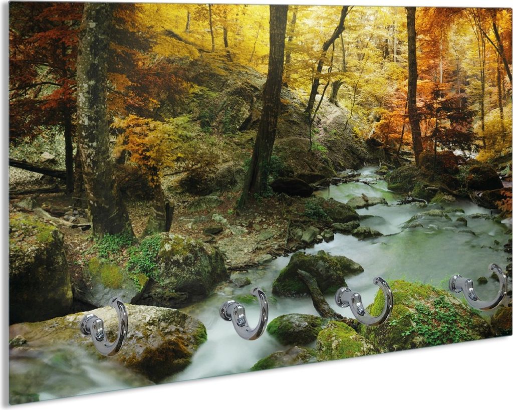 Wallario Schlüsselbrett aus Glas, Motiv: Wasserfall mit moosbedeckten Steinen im Herbstwald, 30 x 20 cm mit 4 Haken