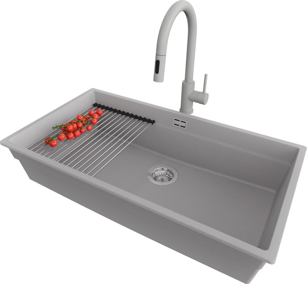 PRIMAGRAN Unterbauspüle Granit Grau 86x47cm, Spülbecken 1 Becken + Ablauf-Set + Küchenzubehörset, Granitspüle ab 90er Unterschrank - Praga