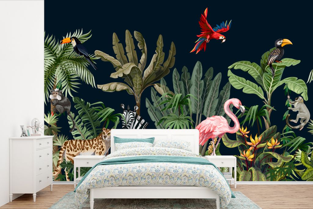 MuchoWow Fototapete für Wohnzimmer oder Schlafzimmer Wandtapete Vinyl Motivtapete Dschungel - Pflanzen - Tiere - Kinder - Flamingo - Zebra - 600...