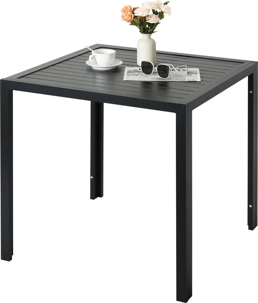 Table de jardin durable sans entretien aluminium noir et effet bois