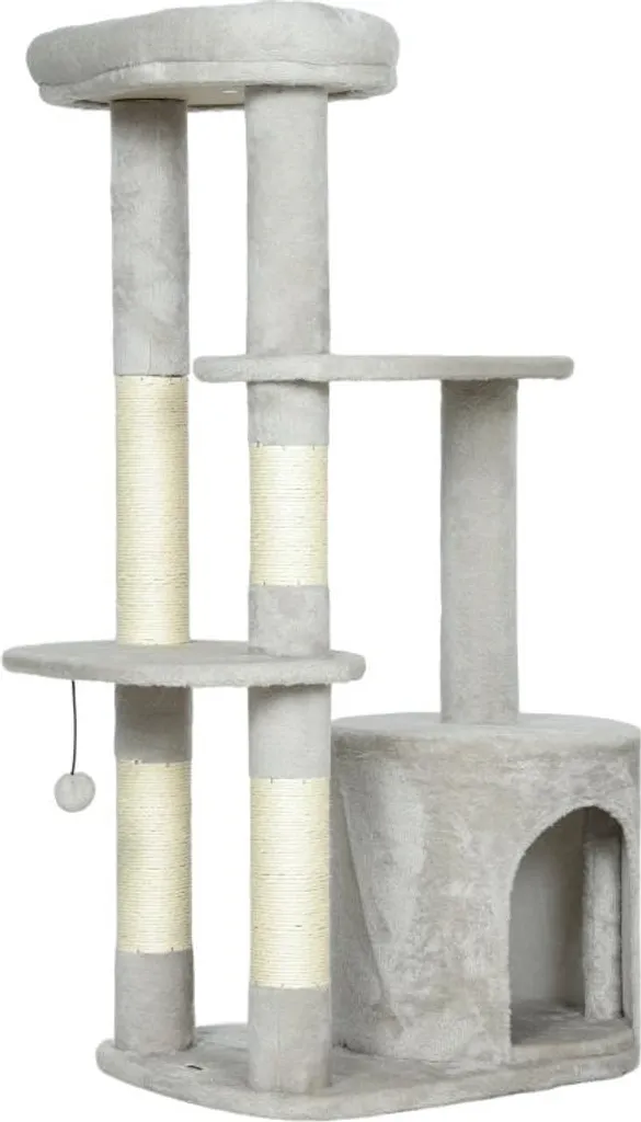 Fortuna Lai Tiragraffi 114 cm Torre per gatti con cuccia, pali in sisal, piattaforma, più livelli Per gatti di taglia media sotto i 6 kg, grigio chiaro
