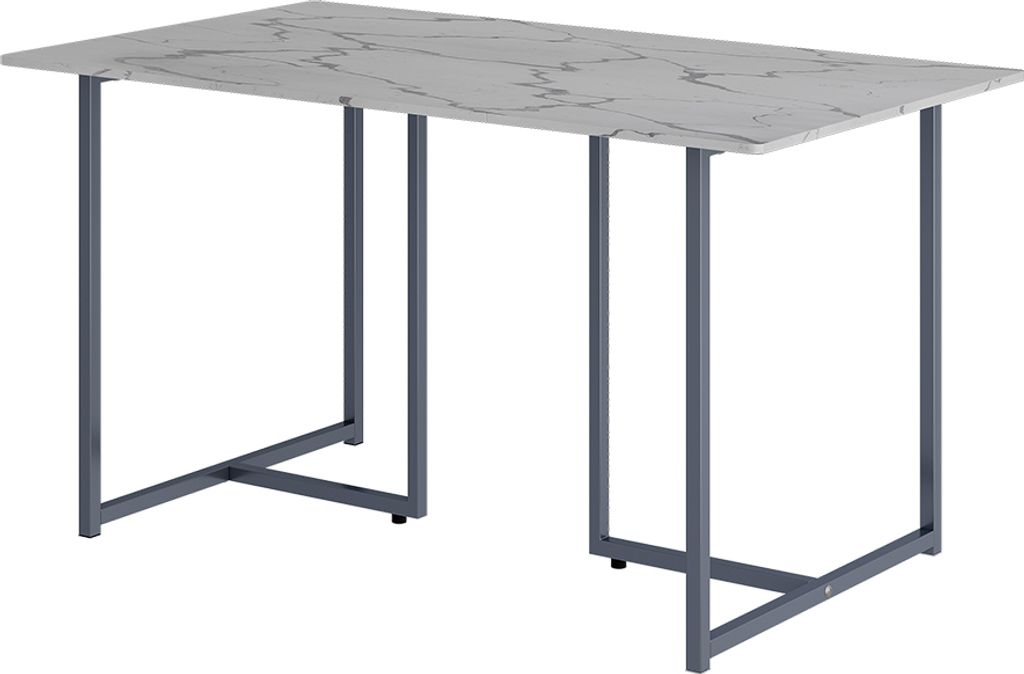 A rectangular dining table with a marble-patterned top and gray metal legs, shown against a white background.