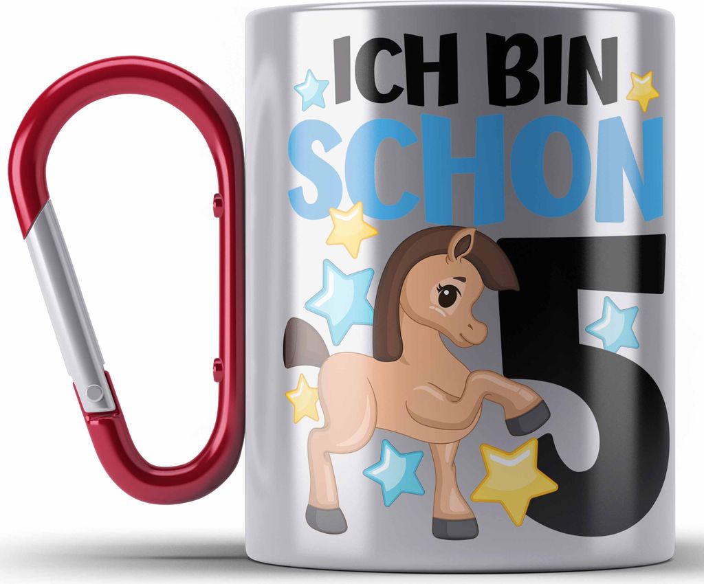 Trendation - 5. Geburtstag Mädchen Edelstahl Tasse Karabiner Pferde Reiterin 5er Geburtstag Tochter Geschenkidee Kindergeburtstag 5 Jahre Alt (Rot)