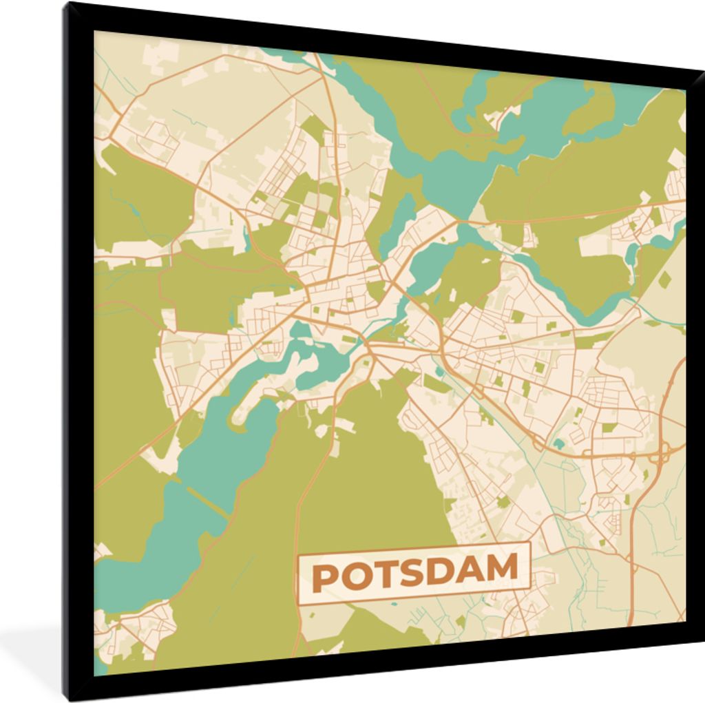 MuchoWow Gerahmtes Poster Stadtplan - Potsdam - Vintage - Karte 40x40 cm - Poster mit Schwarzem Bilderrahmen Wandposter Rahmen Foto Bilder - Mit ...