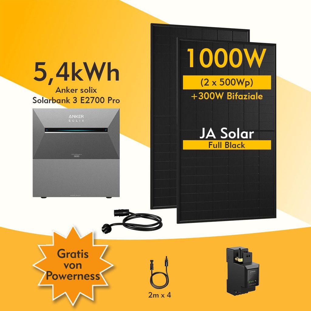 Powerness Balkonkraftwerk mit Speicher,Anker SOLIX Solarbank 3 E2700 Pro und BP2700 Erweiterungsakku & Smarter Zähler,JA Solar 1000W Bifacial Mo...