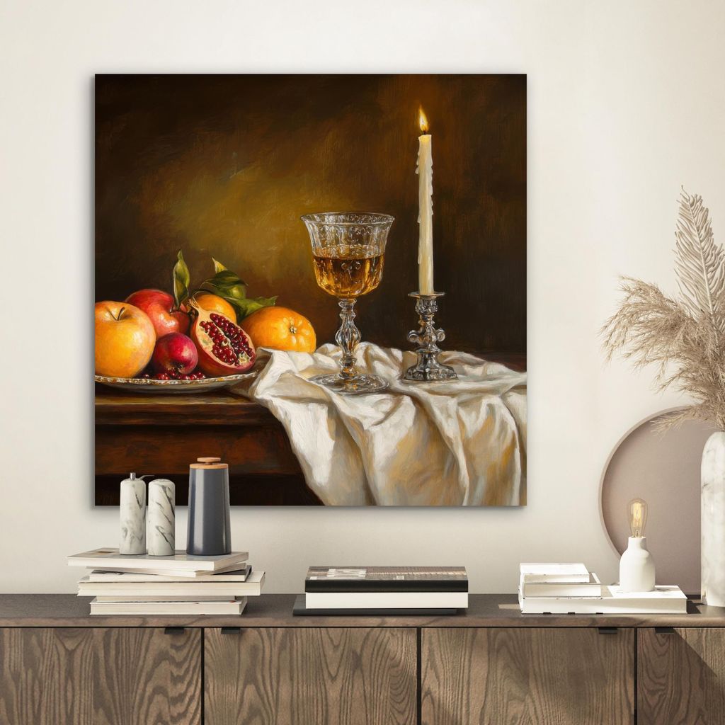 MuchoWow Wanddekoration Metall Metallbild Wandkunst 50x50 cm Obst - Stilleben - Wein - Kerze MuchoWow Aluminium Gemälde - Alubild - Industrial