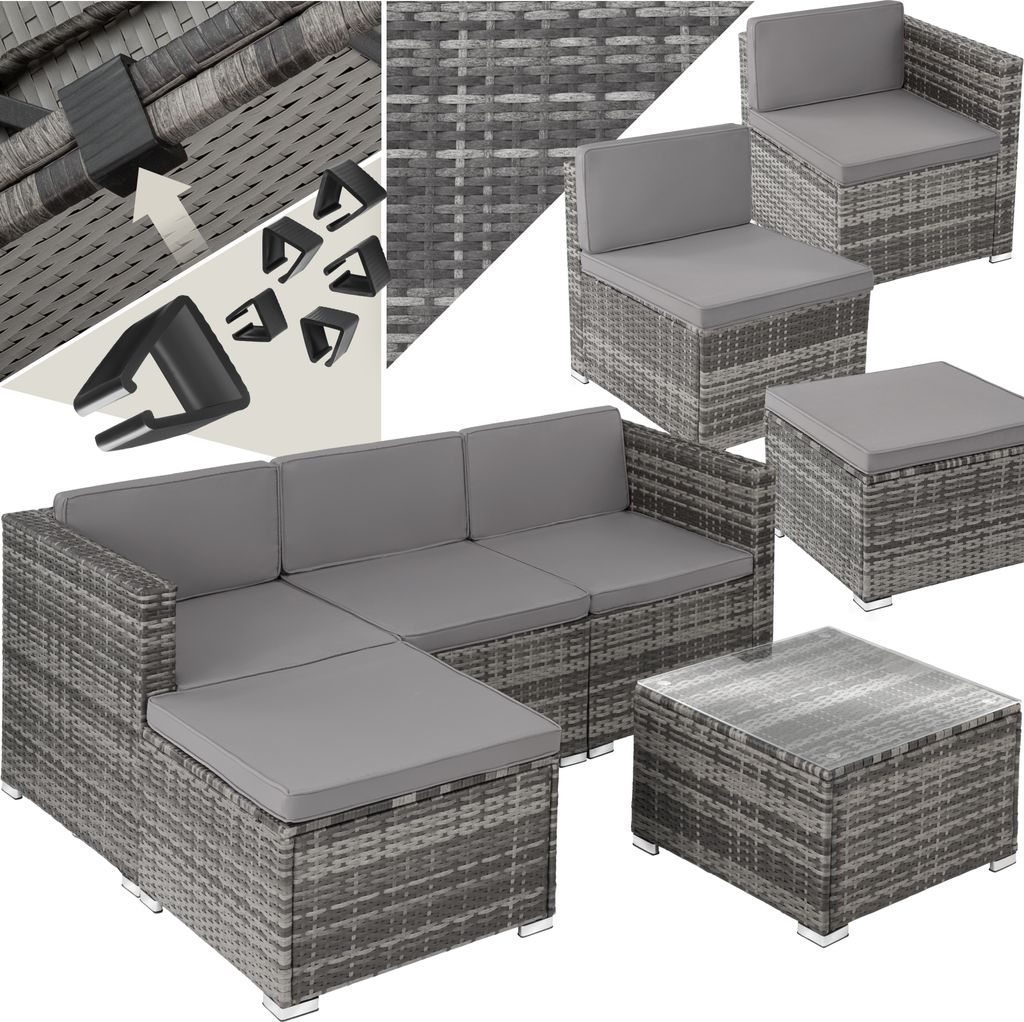 A collage of images showing a rattan lounge set, including close-ups of connectors and different configurations of the furniture.