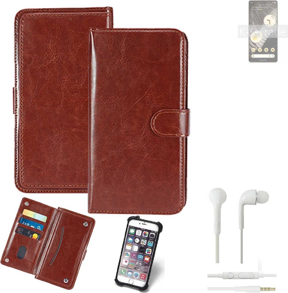 K-S-Trade 360° Hülle kompatibel mit Google Pixel 7 Pro inkl. Headphones braun Kunstleder Case BookCase WalletCase Kunstlederederhülle Handyhülle,