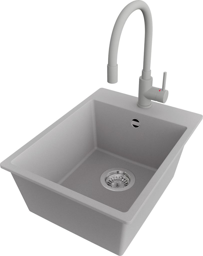 PRIMAGRAN Granitspüle Grau 38x50cm, Spülbecken 1 Becken + Küchenarmatur 38x14cm + Ablauf-Set, Küchenspüle ab 40er Unterschrank - Riga