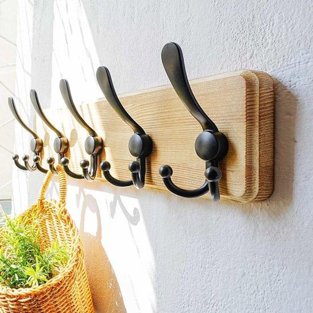Vintage Holzkleiderstange mit 5 doppelten Haken, an der Wand befestigbar, für Mantel, Jacke, Tasche, Holz, Lichtbraun und Schwarz