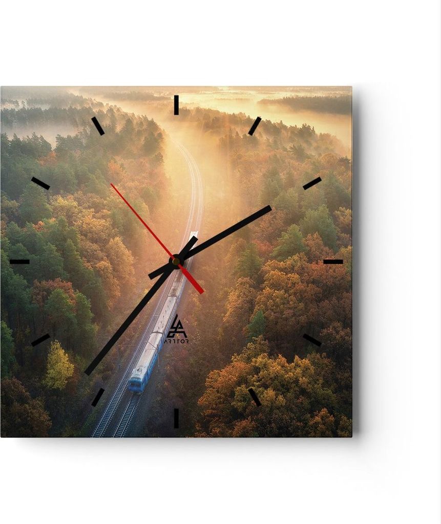 Wanduhr - Quadrat - Glasuhr - Bahn Herbst So - 40x40cm - Schleichendes Uhrwerk - Lautlos - zum Aufhängen bereit - Dekoration Modern - Wanddekorati...