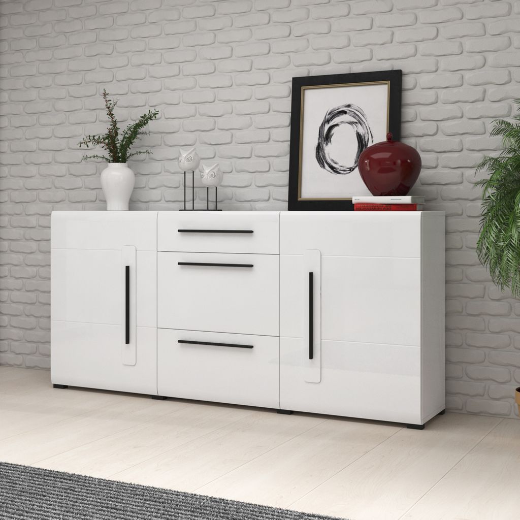 Masseno Kommode TULLIA 180 cm Sideboard mit 3 Schubladen und 2 Türen für Wohnzimmer Schlafzimmer Modern 180x39x86 cm Weiß / Weiß