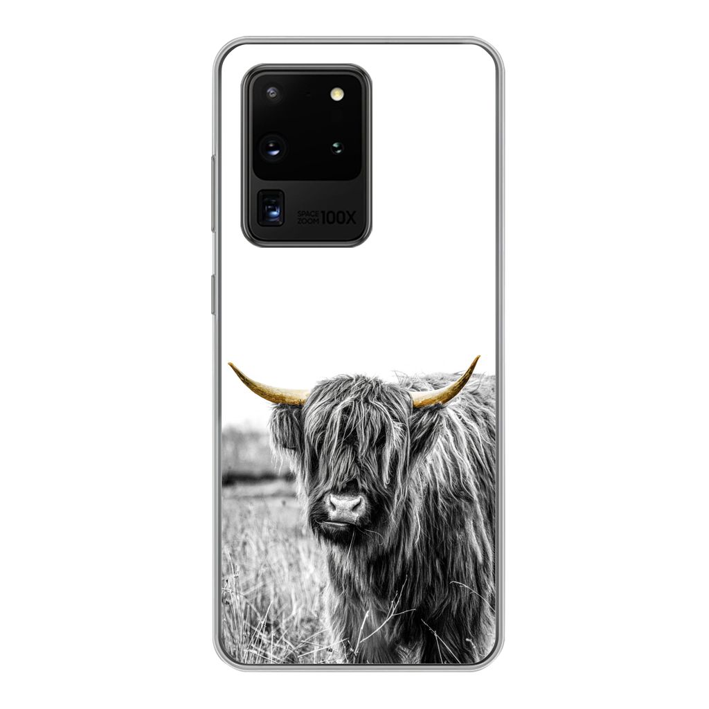 MuchoWow Handyhülle Schutzhülle Hülle für Samsung Galaxy S20 Ultra Schottischer Highlander - Gold - Schwarz - Weiß Silikon Softcase Handy H...