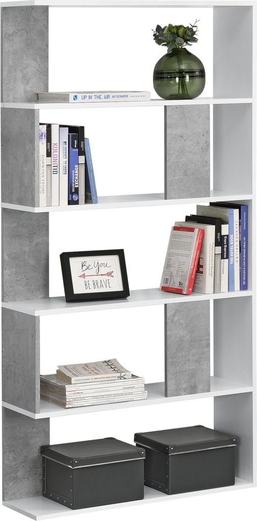 A white and concrete-look bookshelf filled with books and decorative items.