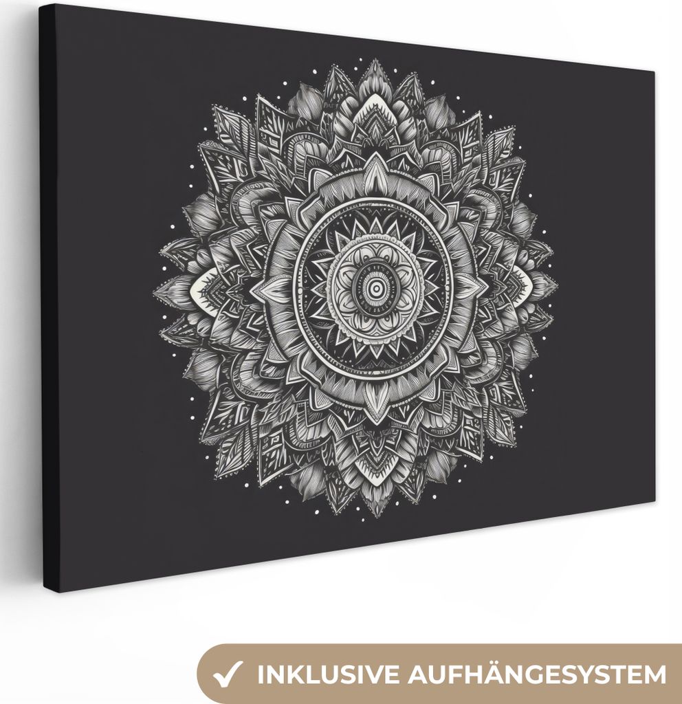OneMillionCanvasses - Leinwandbilder - 150x100 cm, Mandala - Schwarz und weiß - Blumen - Böhmisch - Natur, Wandbilder Kunstdruck Wanddekoration...