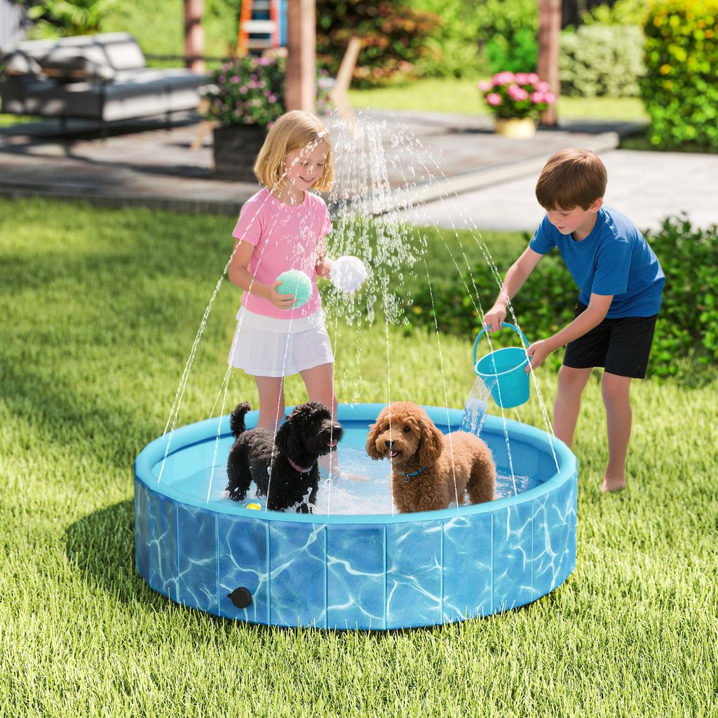 Hundepool Faltbar Planschbecken mit Brunnen- und Wasserpolsterdesign Ø120 x 30 cm, Kunststoff, 120 x 120 x 30 cm, Blau, für Badezimmer