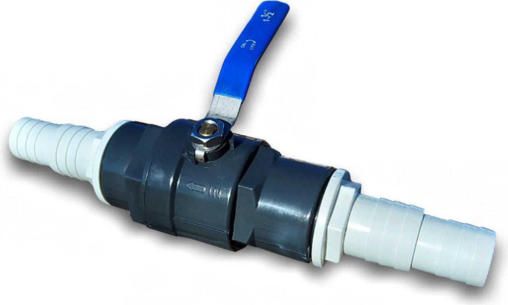 Wartungshahn massive Ausführung aus PVC m. Edelstahlgriff für Schlauch Ø 32 / 38mm - Pool Absperrhahn Absperrventil Kugelhahn