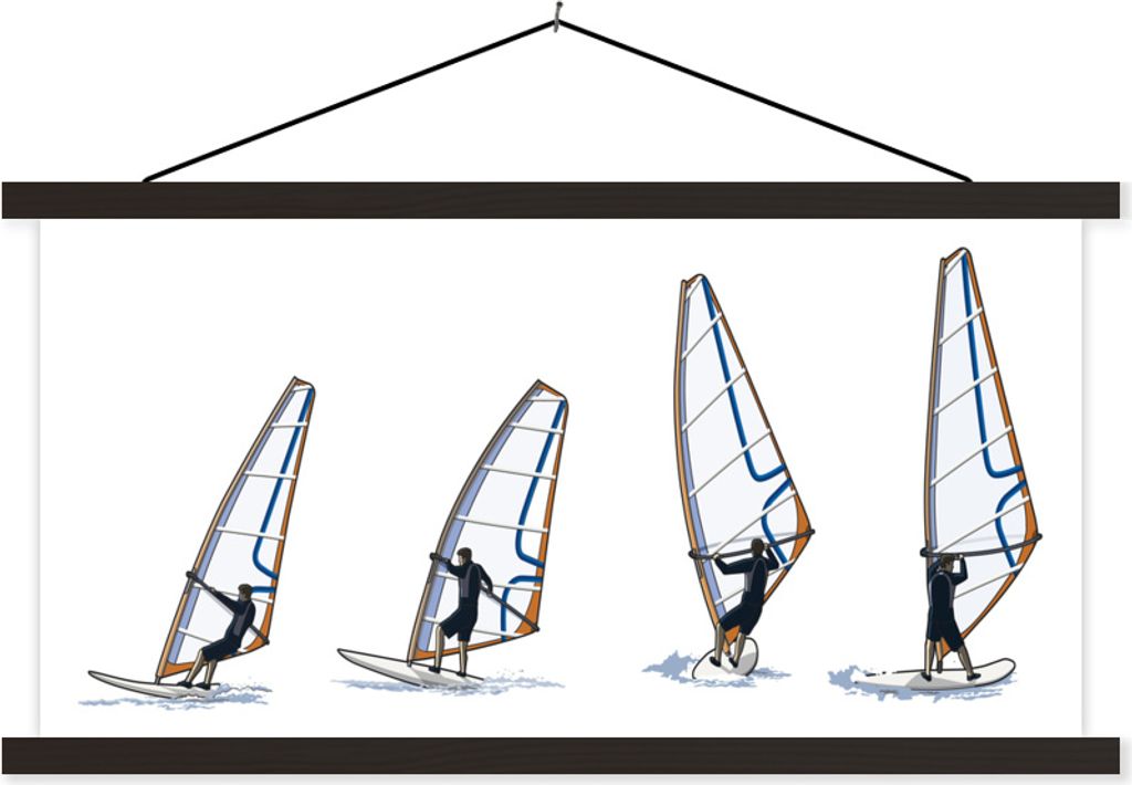 MuchoWow Textilposter Eine Illustration von vier Posen beim Windsurfen 60x30 cm mit schwarzem Rahmen - Textilien