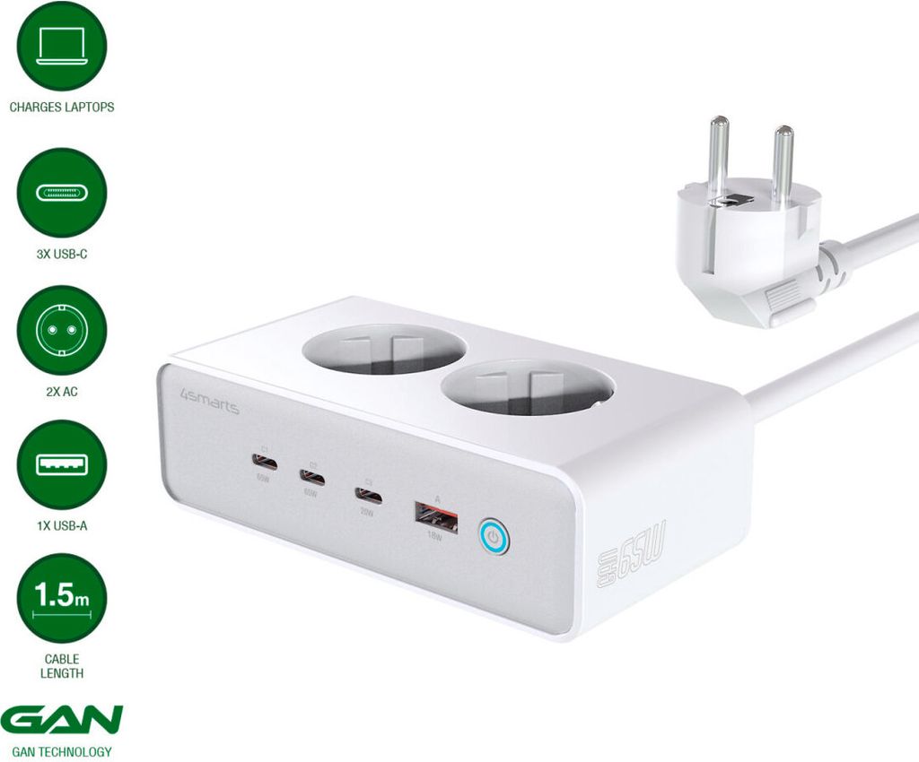 4Smarts Tischladegert GaN 65W mit 3x USB-C/1x USB-A/AC - Wei