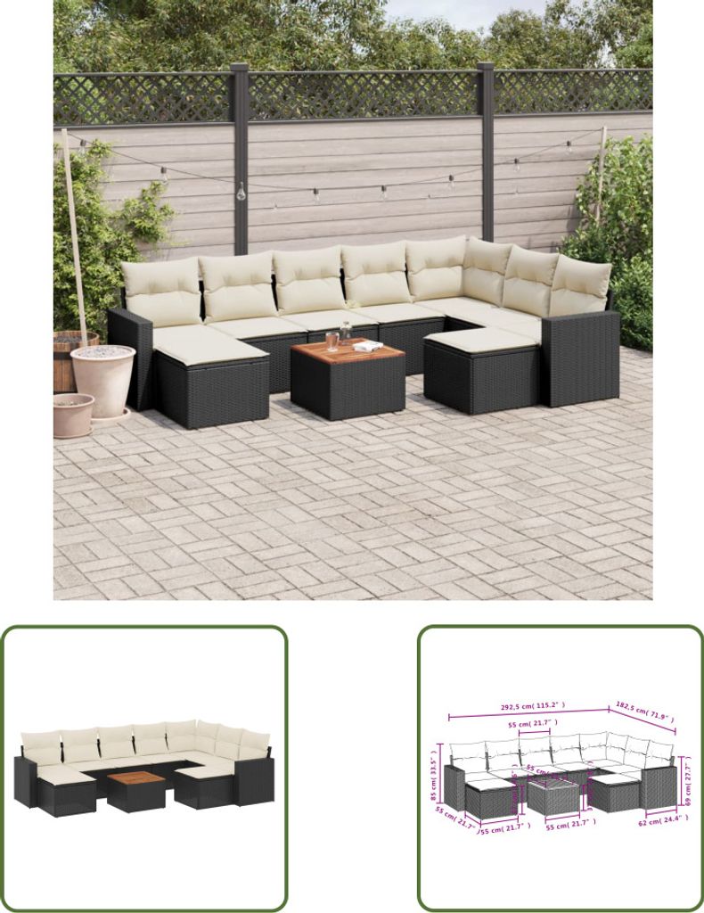 The Living Store 10-tlg. Garten-Sofagarnitur mit Kissen Schwarz Poly Rattan