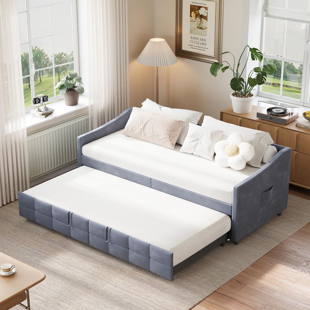 Ausziehbares Schlafsofa 90 x 200 cm in grauem Samt, Produktbild 