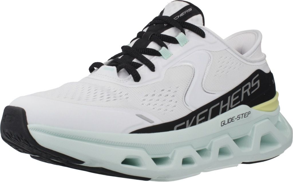 A white athletic shoe with black accents and a mint green sole.