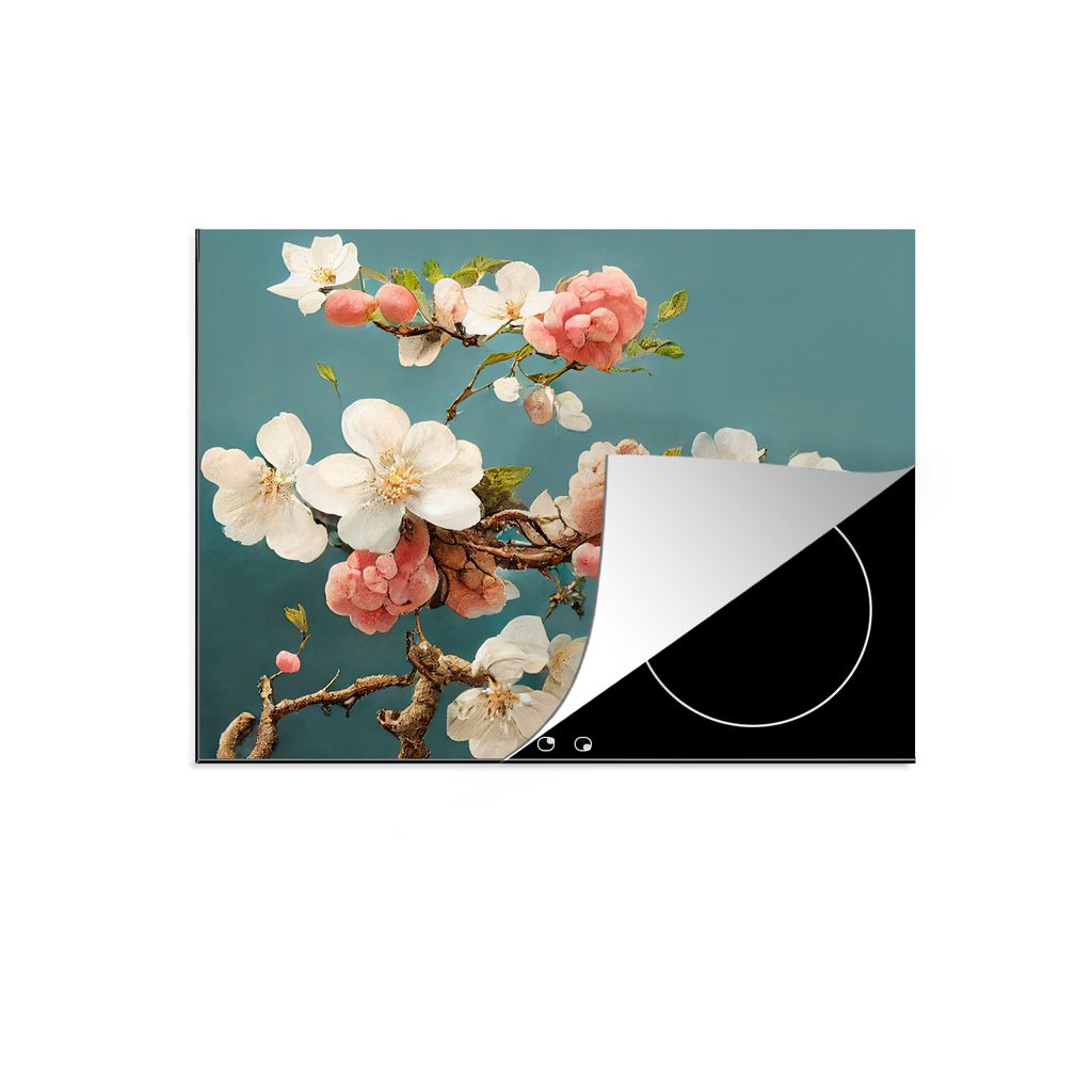KitchenYeah Herdabdeckplatte Blumen - Blüte - Kirsche - Zweig - Weiß , 77x59cm, Küche Deko, Glaskeramikkochfeld Herdabdeckung, Abdeckplatte f...