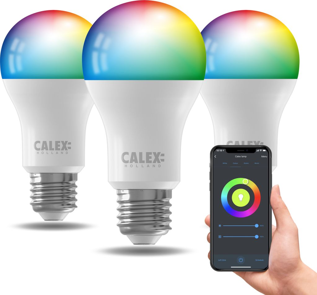 Calex Smart LED Glühbirne E27, RGB + Weißlicht, dimmbar, WLAN mit Bluetooth Gateway, App- & Sprachsteuerung, 3-pack